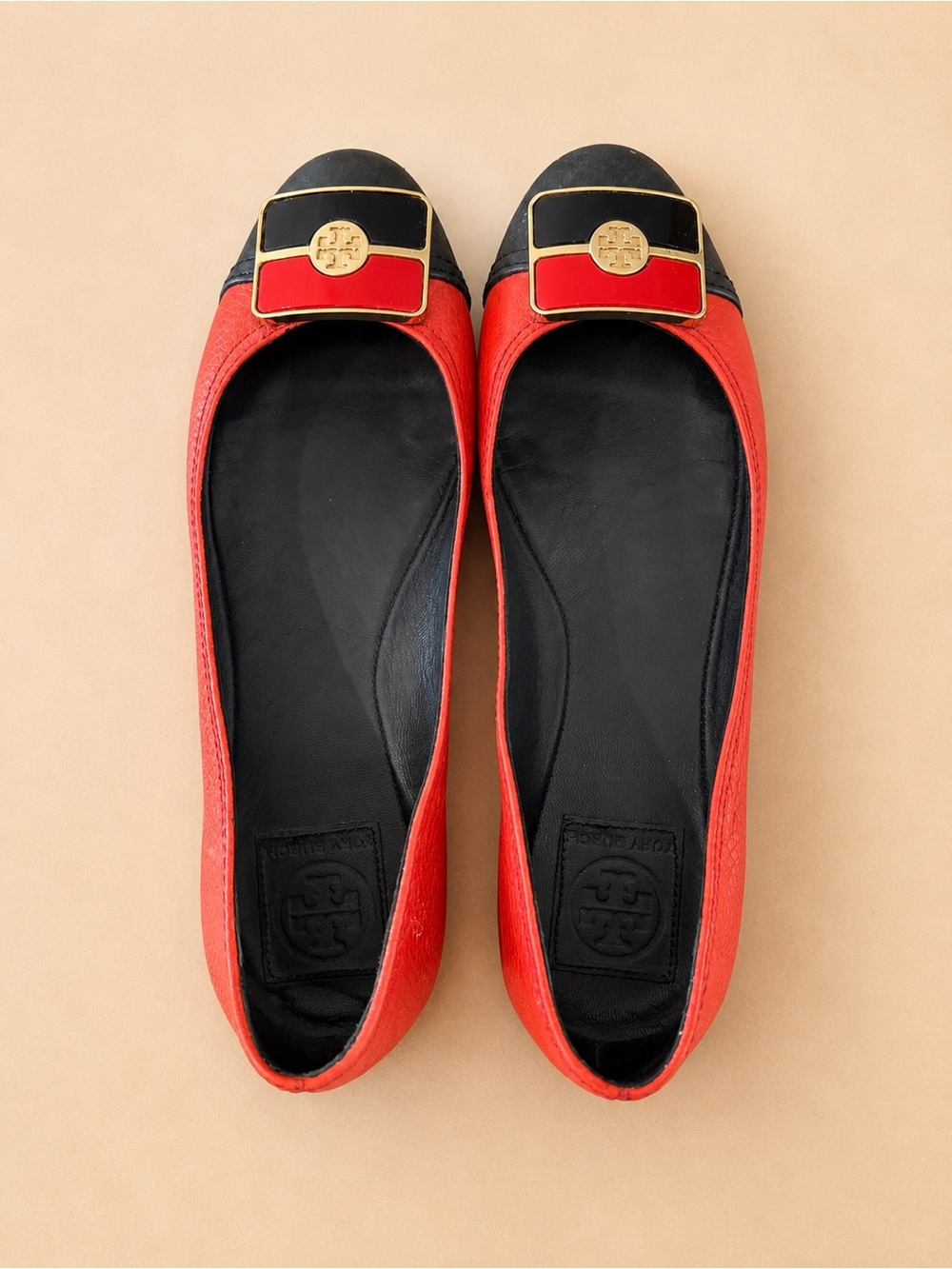 TORY BURCH Red Black Leather Ballet Flats Logo Designer Shoes size 8 1/2